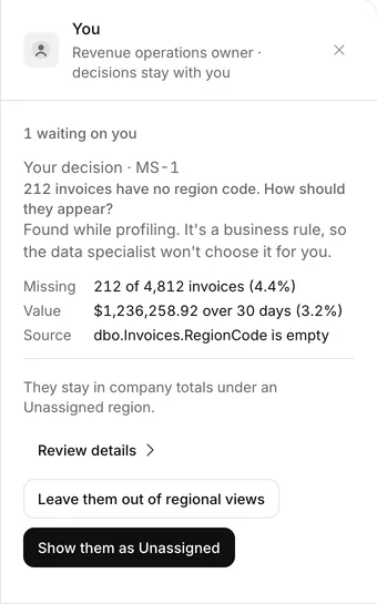 Your room on the floor: your decision on the first milestone. 212 invoices have no region code; it’s a business rule, so the data specialist won’t choose for you. Show them as Unassigned, or leave them out of regional views.